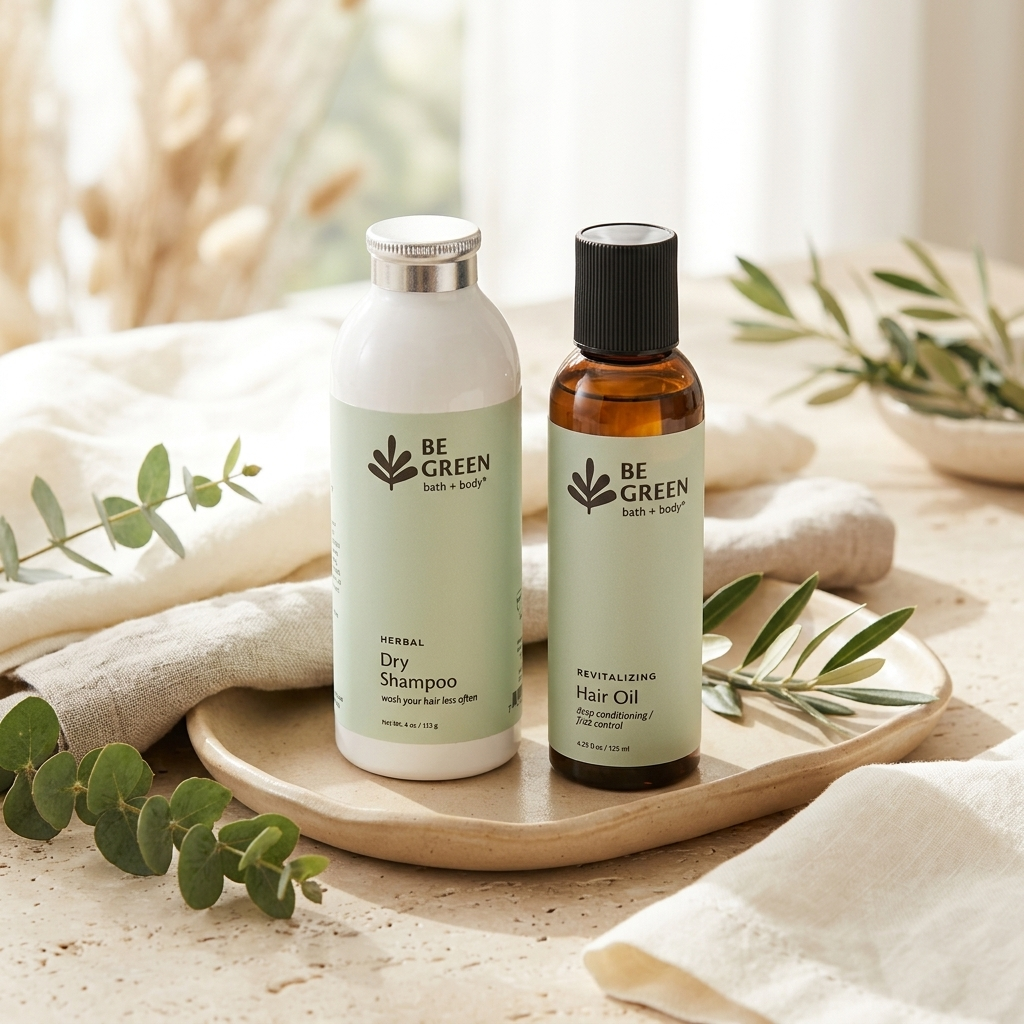 Two BE GREEN hair care products, Herbal Dry Shampoo in a white bottle and revitalizing Hair Oil in an amber glass bottle, displayed on a wooden tray with neutral fabrics and eucalyptus sprigs.
