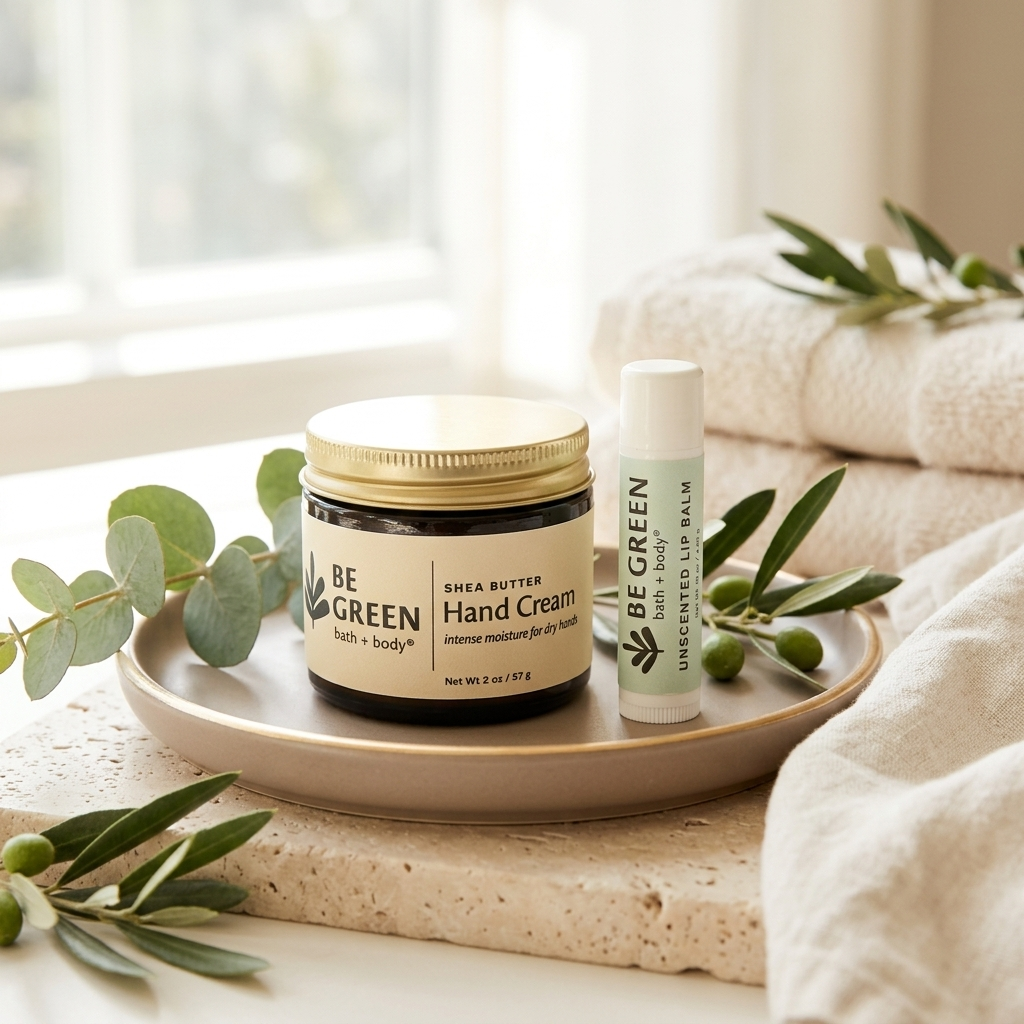 A jar of BE GREEN Shea Butter Hand Cream and a matching tube of Unscented Lip Balm are displayed on a beige ceramic tray, styled with eucalyptus leaves and cream towels in a bright bathroom setting.