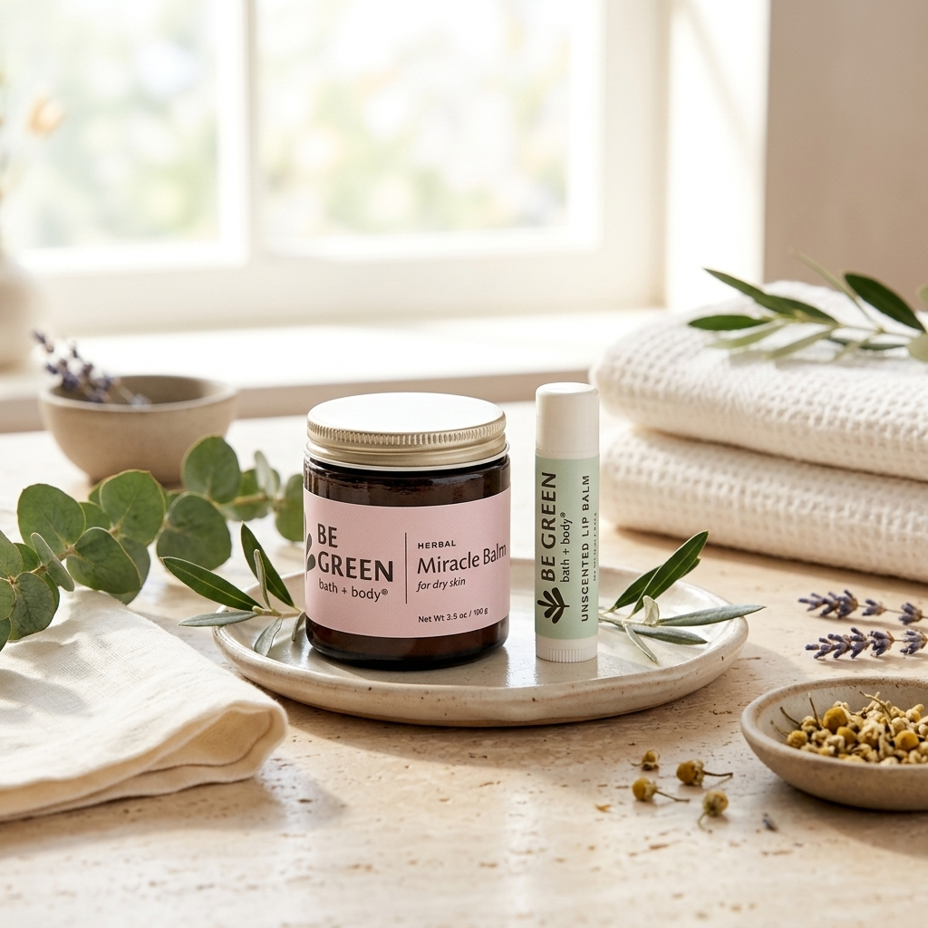 A jar of BE GREEN Miracle Balm and a matching lip balm are displayed on a ceramic tray with eucalyptus leaves, surrounded by folded cream towels, dried flowers, and a soft window background.