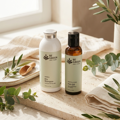 Two BE GREEN hair care products, Herbal Dry Shampoo in a white bottle and  Hair Oil in an amber glass bottle, styled on a stone tray with eucalyptus leaves and a towel.