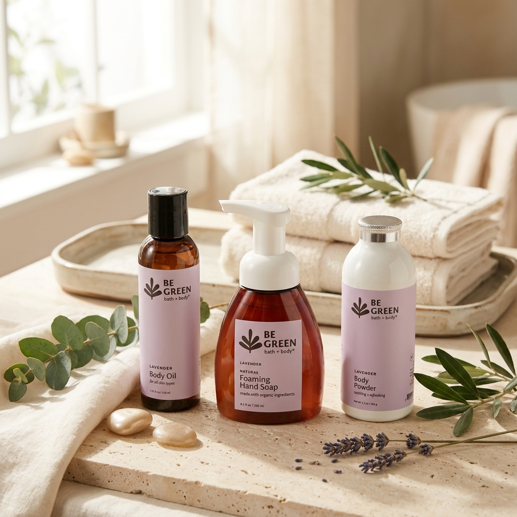 Three Be Green lavender body care products arranged on a stone tray with folded towels, greenery, and lavender sprigs in a bright bathroom setting. The products include a body oil bottle, a hand soap pump bottle, and a body powder bottle.