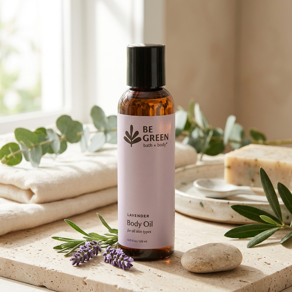 A bottle of BE GREEN Lavender Body Oil stands on a stone surface with folded towels, eucalyptus leaves, lavender sprigs, and a bar of soap in a softly lit bathroom-like setting.