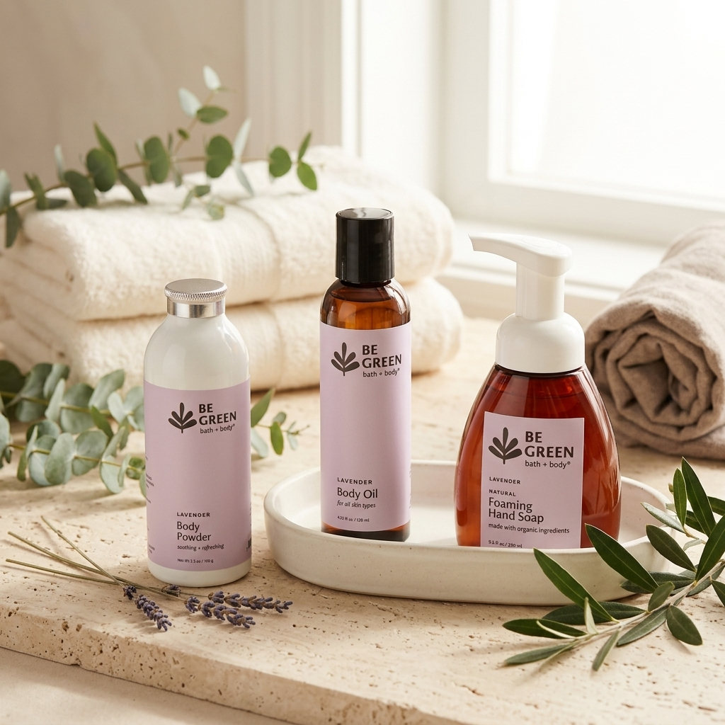 Three BE GREEN body care products arranged on a white tray: lavender body powder in a frosted bottle, lavender body oil in an amber bottle with a black cap, and lavender cleansing hand soap in an amber bottle with a white pump. The products are styled on a stone surface with folded towels, eucalyptus leaves, and lavender sprigs in a bright indoor setting.