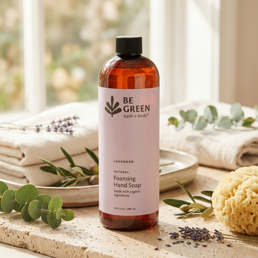 A bottle of BE GREEN Lavender Natural Foaming Hand Soap stands on a stone surface with folded towels, eucalyptus leaves, lavender sprigs, and a sponge nearby, suggesting a bathroom setting.
