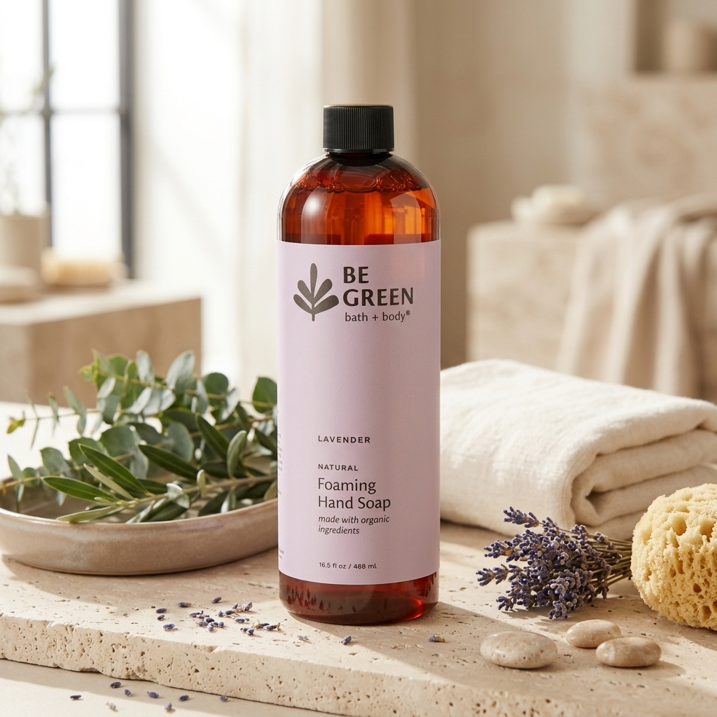 A bottle of BE GREEN bath + body Foaming Hand Soap in lavender scent, styled on a stone slab with lavender sprigs, a towel, and bath accessories in a warm, softly lit bathroom setting.