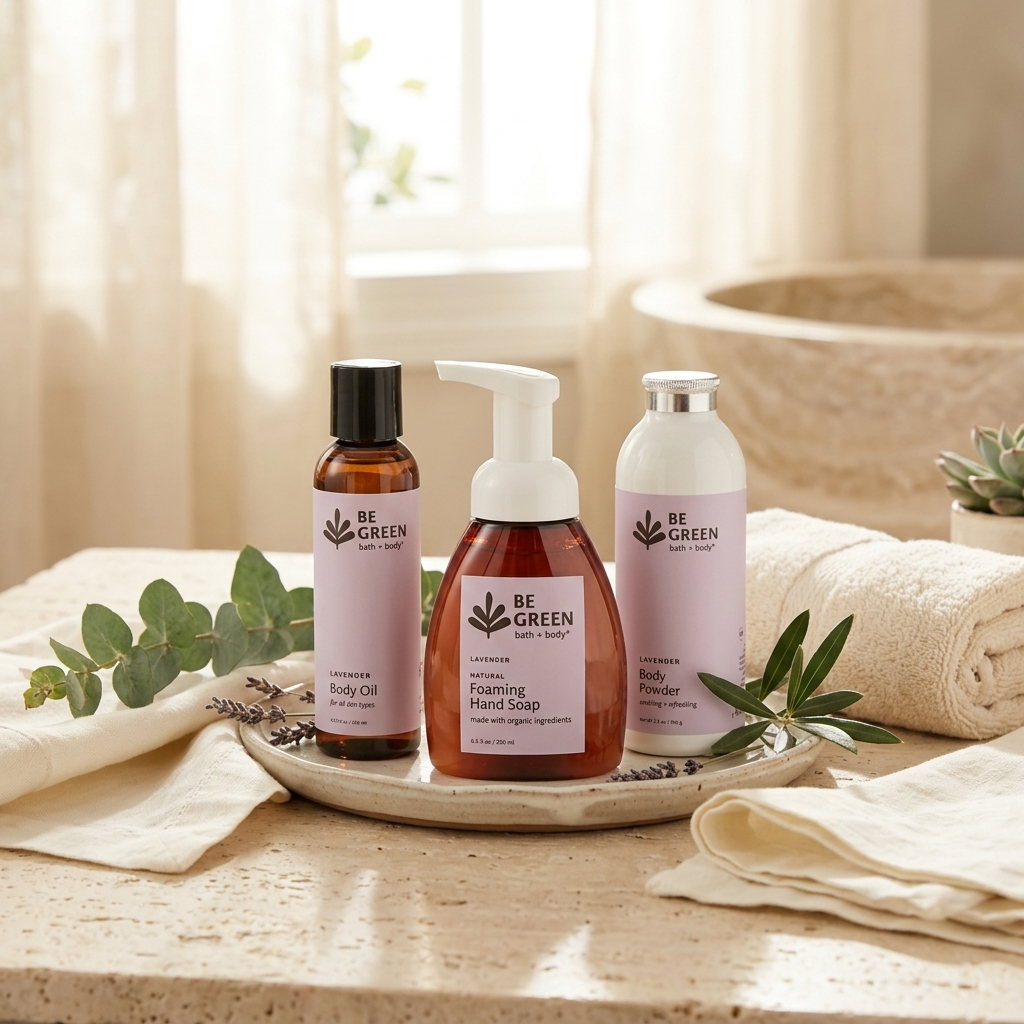 Three BE GREEN lavender bath & body products arranged on a tray in a softly lit spa-like setting: a body oil bottle, a foaming hand soap pump bottle, and a body powder bottle. The products have pale purple labels.