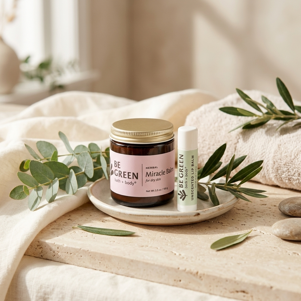 A jar of BE GREEN Miracle Balm and a matching lip balm tube styled on a small dish with eucalyptus leaves and neutral stones on a linen surface.