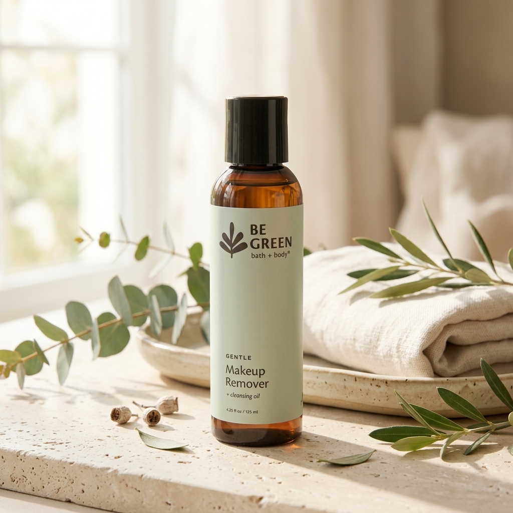 A bottle of BE GREEN Makeup Remover cleansing oil stands on a stone surface beside a folded cream towel, with eucalyptus leaves and soft natural light in the background.
