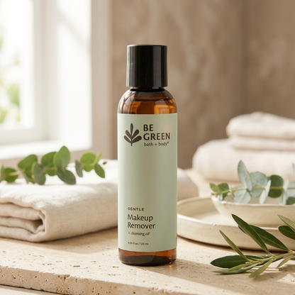 A bottle of BE GREEN Gentle Makeup Remover and cleansing oil standing on a stone surface with folded towels, eucalyptus leaves, and a soft neutral background.