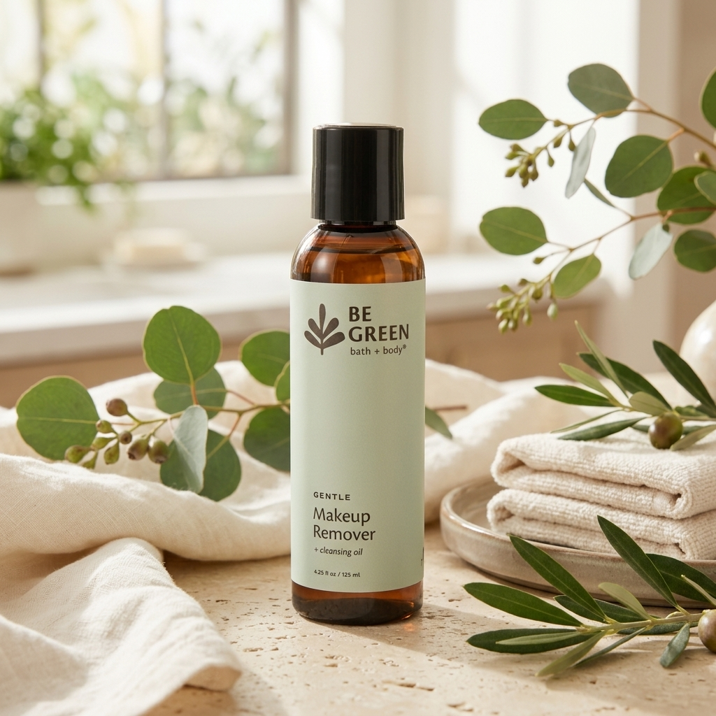 A bottle of BE GREEN Gentle Makeup Remover cleansing oil, styled on a stone surface with white towels and eucalyptus branches in a bright, natural setting.