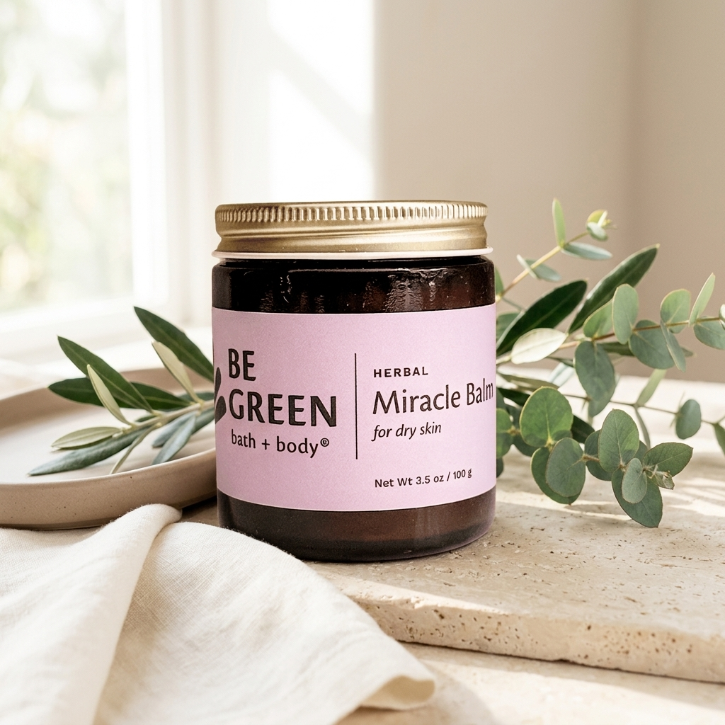 Be Green jar or miracle balm on a light stone tray with eucalyptus leaves