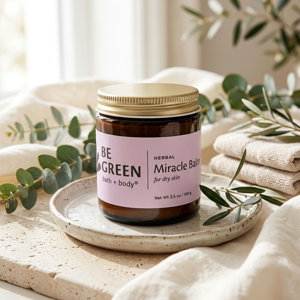 Be Green jar of Miracle Balm on a light tray with folded towels.