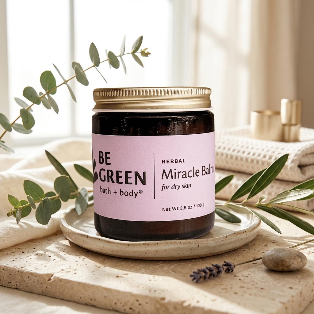 A jar of BE GREEN Herbal Miracle Balm for dry skin, set on a ceramic dish with eucalyptus and lavender sprigs in a warm, softly lit bathroom setting.