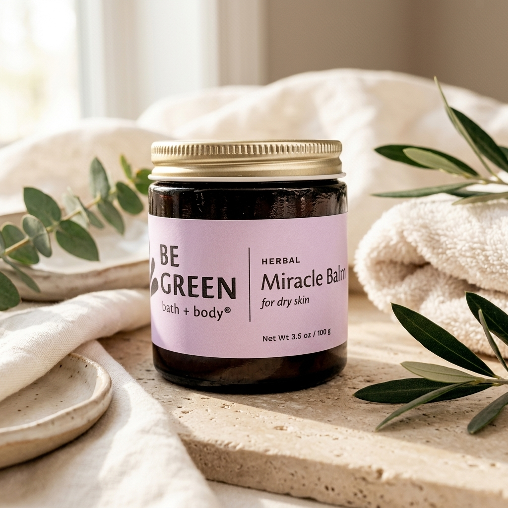A jar of BE GREEN Herbal Miracle Balm for dry skin, styled on a stone tray with white towels and olive branches.