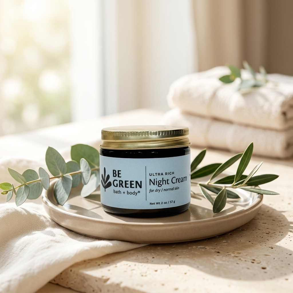 A jar of BE GREEN bath + body Ultra Rich Night Cream sits on a beige ceramic tray, styled with eucalyptus leaves on a linen surface with folded towels in the background.