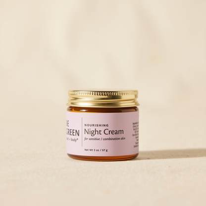 A small amber glass jar of Be Green Nourishing Night Cream with a gold metal lid and a light pink label, set against a warm beige background.