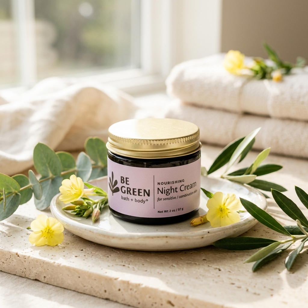 A jar of BE GREEN Nourishing Night Cream sits on a ceramic dish surrounded by olive branches and yellow flowers, with a soft-focus background of folded towels and a window.