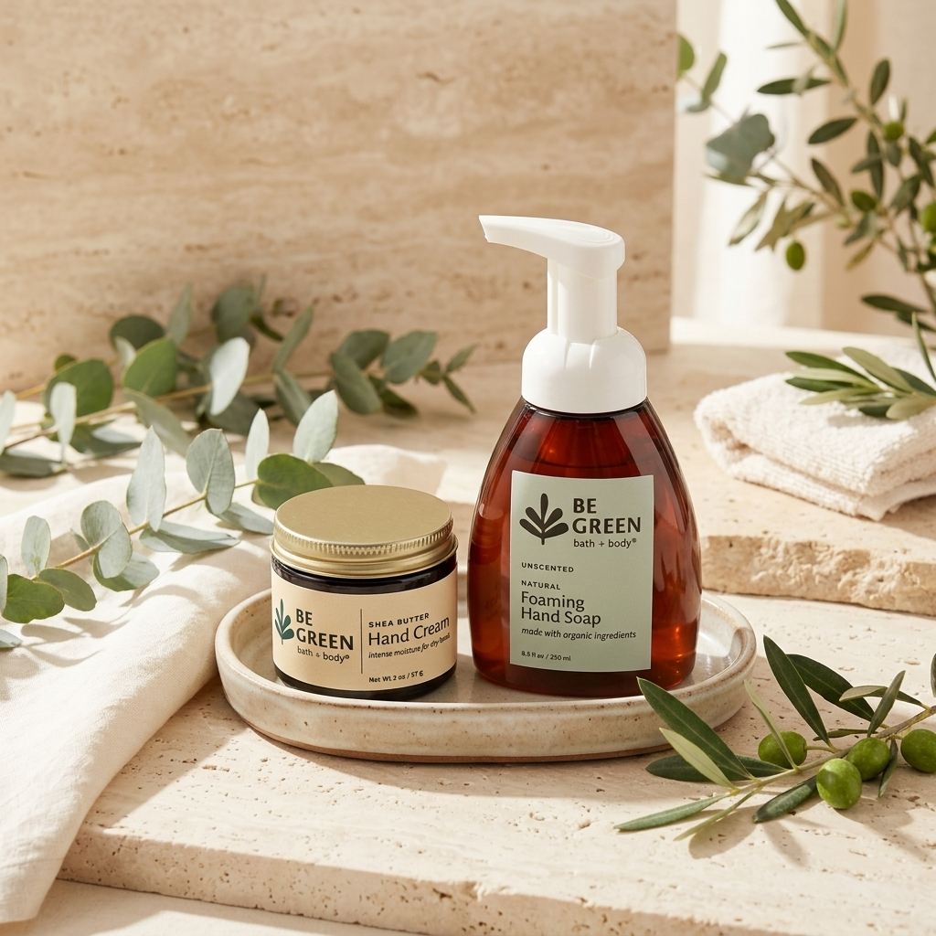 Two BE GREEN bath & body products displayed on a ceramic tray: a small hand cream jar with a gold lid and a larger foaming hand soap bottle in amber-brown with a white pump. The products are styled on a beige stone surface with eucalyptus leaves and folded towels.