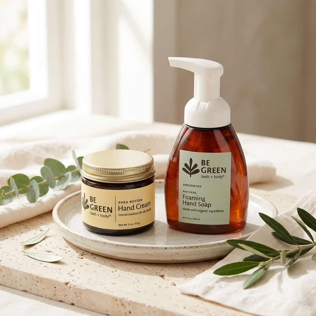 Two BE GREEN body care products on a ceramic tray: a small jar of Shea Butter Hand Cream with a gold lid and a larger amber bottle of Unscented Foaming Hand Soap with a white pump, styled on a stone surface with eucalyptus leaves.