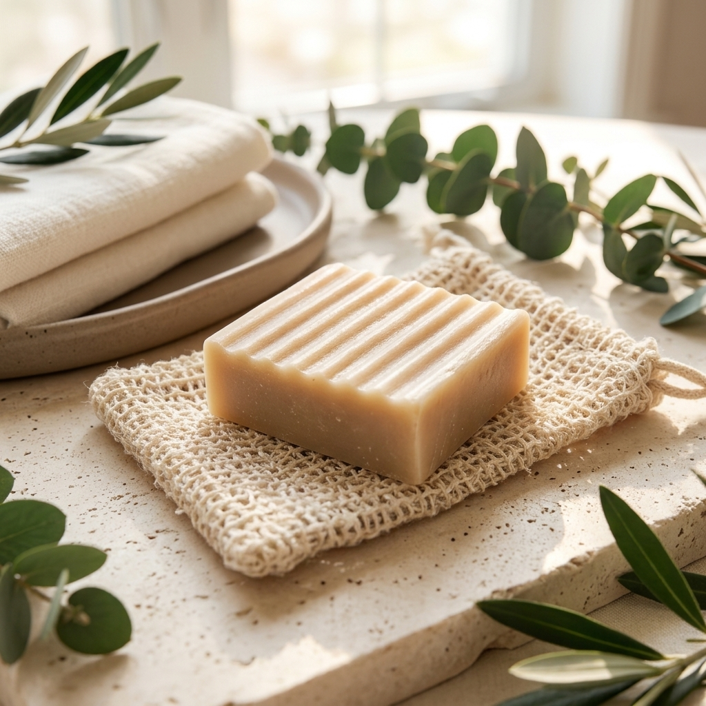 A rectangular bar of goat soap with horizontal ridges sits on a woven natural sisal fiber soap bag, styled on a stone surface with olive branches and folded white towels in soft natural light.