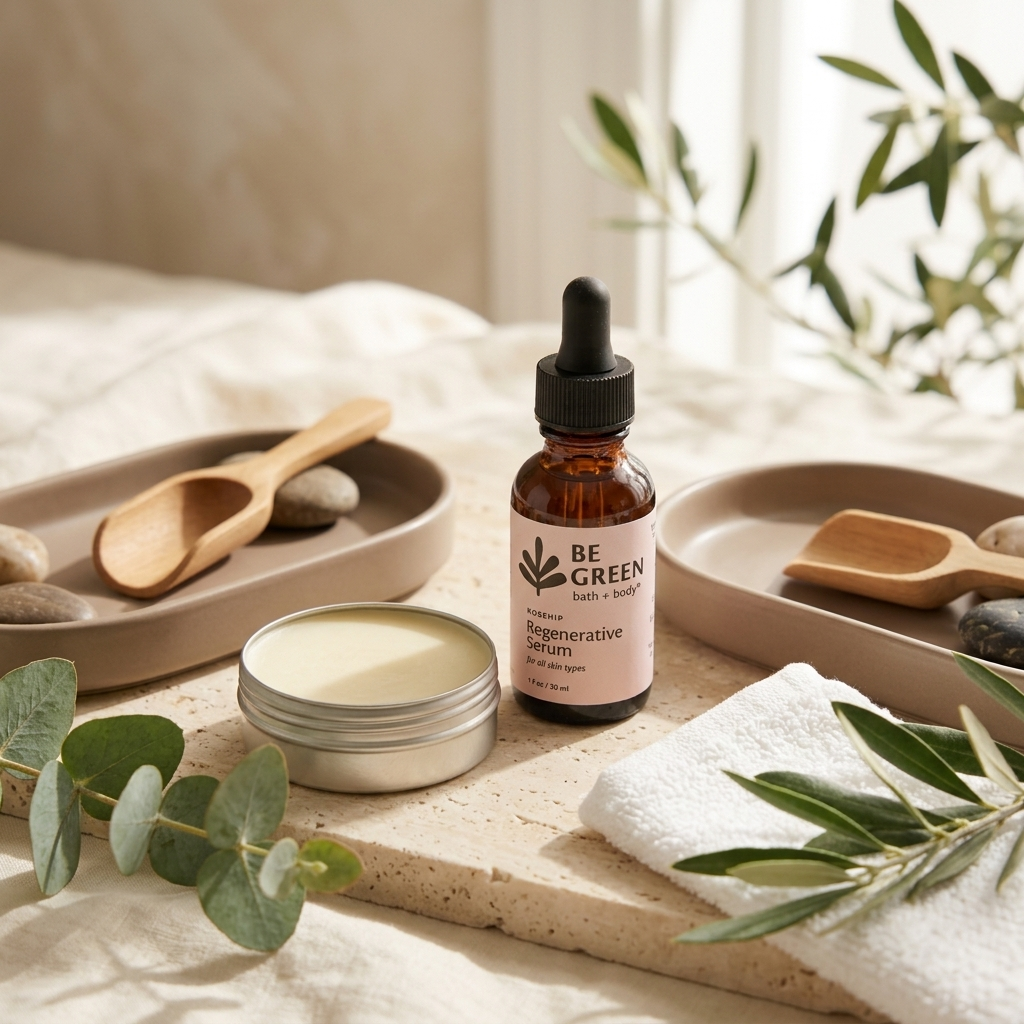 A small amber glass dropper bottle labeled BE GREEN Regenerative Serum stands on a stone tray beside a tin of shea balm and a folded white towel, styled with wooden spoons, stones, and greenery in soft natural light.