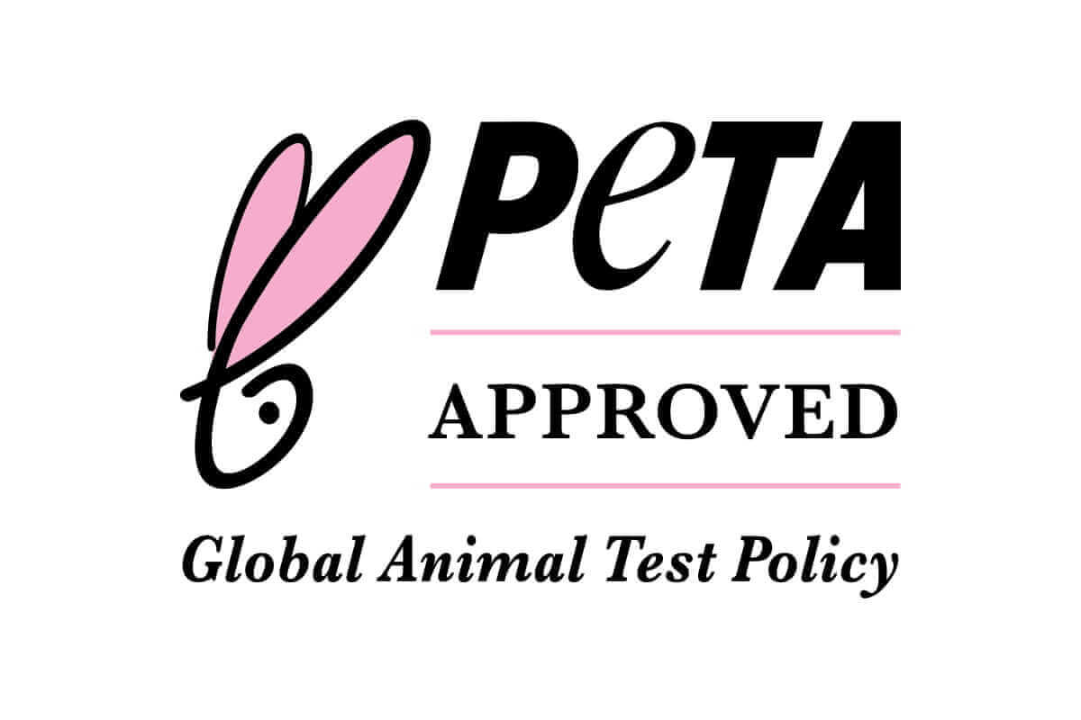 PETA logo with a pink bunny and text about animal testing policy on a white background