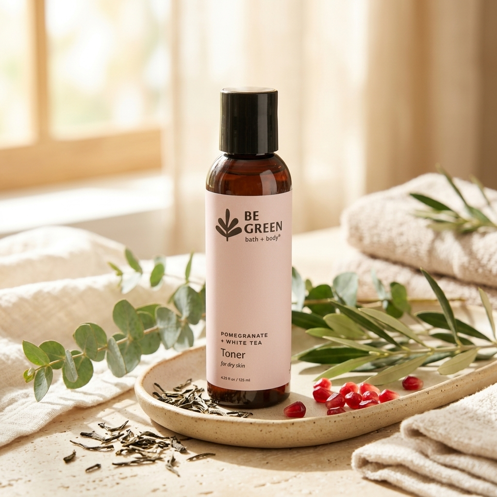 A bottle of BE GREEN Pomegranate & White Tea Toner stands on a ceramic tray surrounded by eucalyptus leaves, loose tea, pomegranate seeds, and folded beige towels in a softly lit indoor setting.