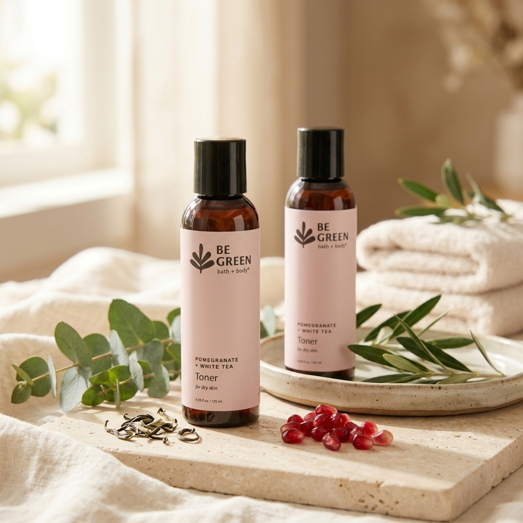 Two amber bottles of BE GREEN body & beauty toners with pale pink labels, styled on a stone tray with eucalyptus leaves, pomegranate seeds, and folded white towels in a warm, sunlit setting.