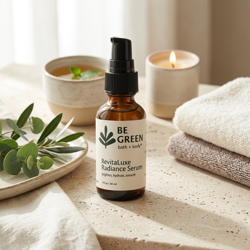 A bottle of BE GREEN Revitaluxe Radiance Serum stands on a beige stone surface with a spa-like setup. The amber glass bottle has a black pump and a cream label with green branding.