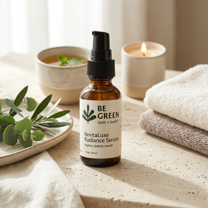 A bottle of BE GREEN Revitaluxe Radiance Serum stands on a beige stone surface with a spa-like setup. The amber glass bottle has a black pump and a cream label with green branding.