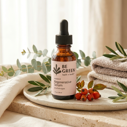 A bottle of BE GREEN Regenerative Serum in an amber glass dropper bottle with a black cap and a light pink label, styled on a ceramic tray with eucalyptus leaves and a folded beige towel.
