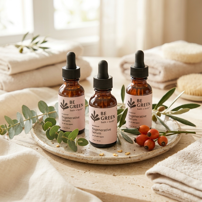 Three amber glass dropper bottles labeled BE GREEN Regenerative Serum arranged on a ceramic tray with eucalyptus leaves and small orange berries, set on a beige fabric surface with folded towels in the background.