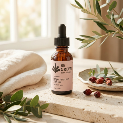 A bottle of BE GREEN Regenerative Serum stands on a stone surface with a soft beige towel, green leaves, and dried red berries around it in a bright, natural setting.