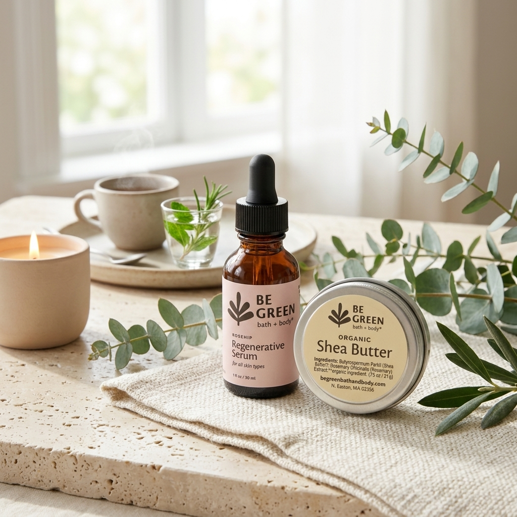 A styled product shot showing a small amber dropper bottle labeled 'BE GREEN Regenerative Serum' and a round tin labeled 'BE GREEN Organic Shea Butter,' placed on a linen cloth on a stone surface with eucalyptus leaves, a candle, and a cup in a softly lit interior setting.