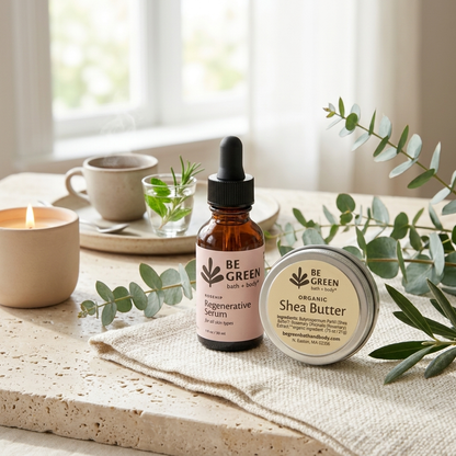 A styled product shot showing a small amber dropper bottle labeled 'BE GREEN Regenerative Serum' and a round tin labeled 'BE GREEN Organic Shea Butter,' placed on a linen cloth on a stone surface with eucalyptus leaves, a candle, and a cup in a softly lit interior setting.