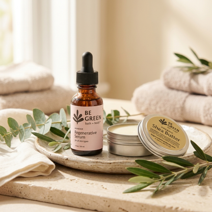 A styled product shot showing a small amber glass dropper bottle labeled BE GREEN Regenerative Serum, a round tin of BE GREEN Shea Butter balm with its lid beside it, and folded neutral towels with greenery in a softly lit bathroom-like setting.