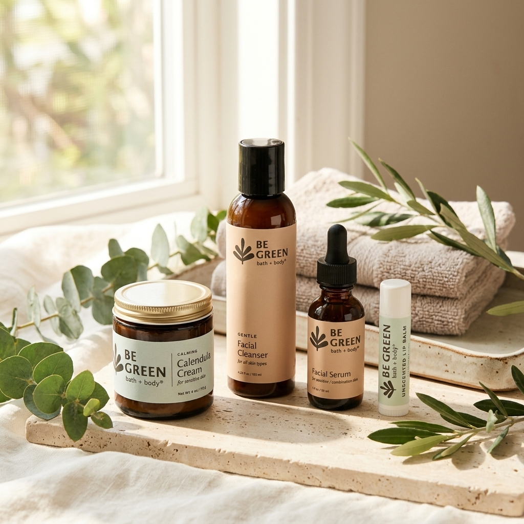 A set of BE GREEN skincare products arranged on a stone tray with eucalyptus leaves and a folded towel near a window. The products include a Calendula cream jar, a facial cleanser bottle, a facial serum dropper bottle, and a lip balm tube.