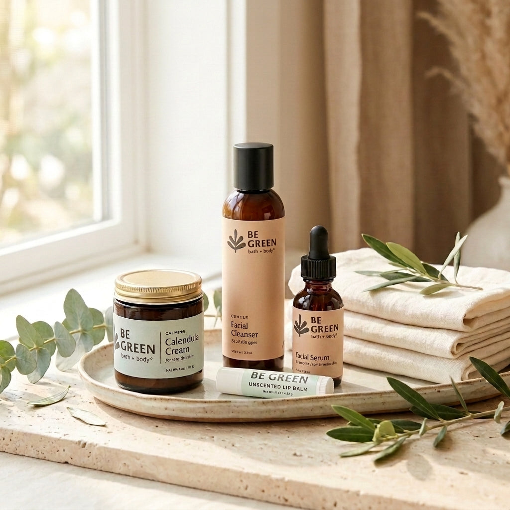 A set of BE GREEN bath and body products arranged on a tray in a bright, sunlit room. The products include a jar of Calendula Cream, a bottle of Facial Cleanser, a dropper bottle of Sensitive Serum, and a tube of Unscented Lip Balm.