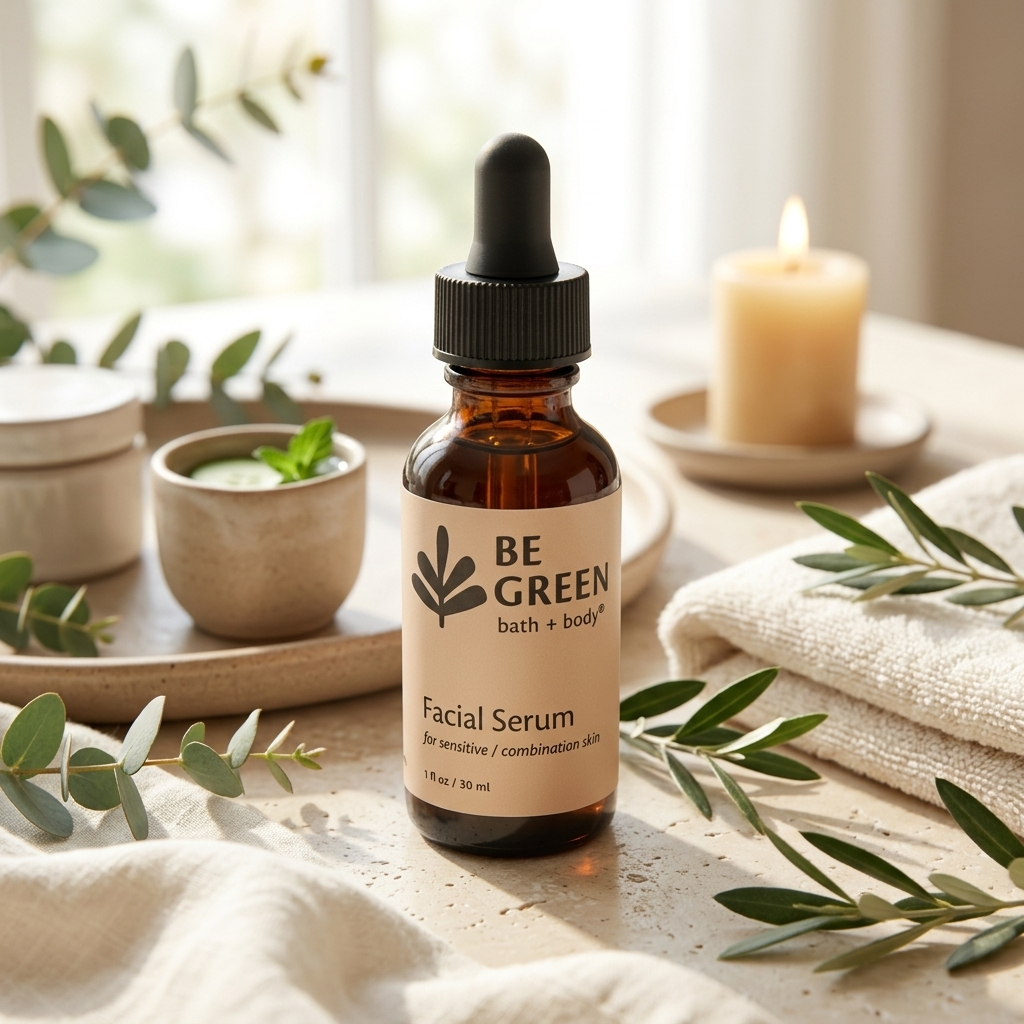 A 30 ml amber glass dropper bottle of BE GREEN Facial Serum, styled on a light stone surface with a lit candle, folded linen, and eucalyptus leaves in a soft, warm setting.