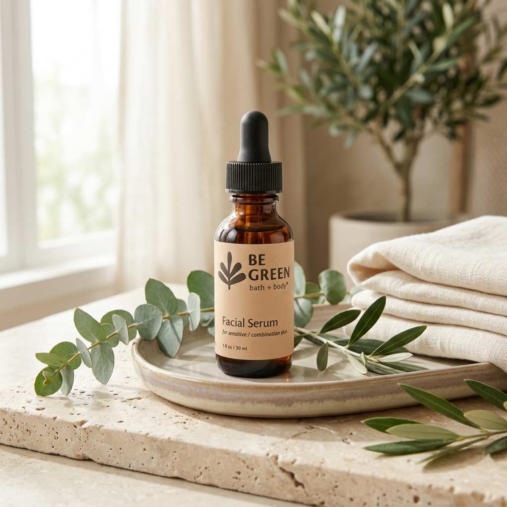 A small amber glass dropper bottle labeled BE GREEN Facial Serum stands on a ceramic tray on a stone surface, styled with eucalyptus leaves and folded cream towels in a bright indoor setting.