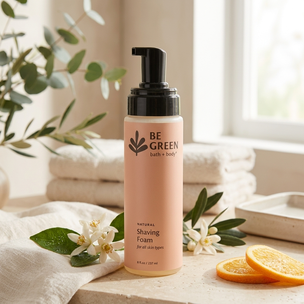 A bottle of BE GREEN bath & body Natural Shaving Foam stands on a stone surface with folded towels, eucalyptus leaves, white flowers, and orange slices around it in a bright bathroom setting.