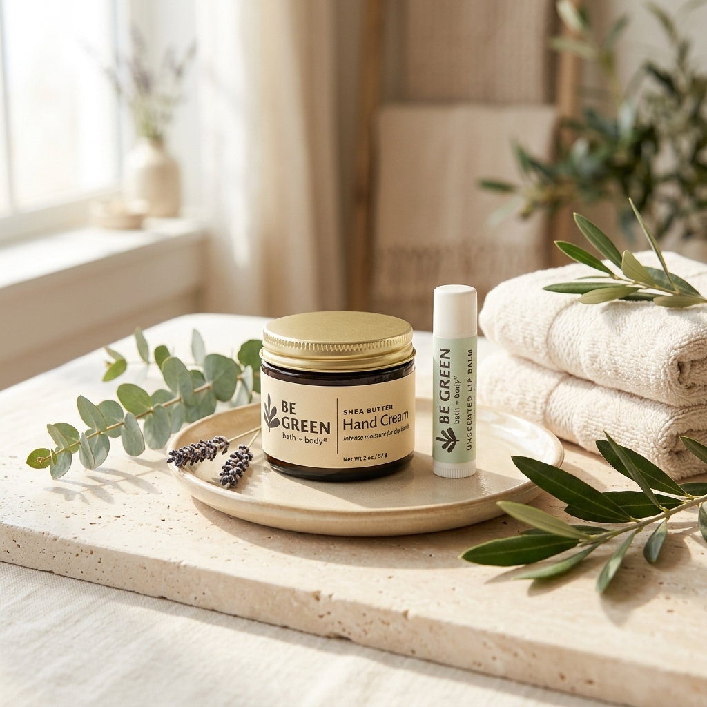 A jar of BE GREEN hand cream with a gold lid and a matching lip balm tube on a beige tray, styled with green leaves and lavender on a stone surface next to folded cream towels.