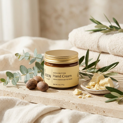 A jar of Shea Butter Hand Cream sits on a stone slab surrounded by eucalyptus leaves, nutmegs, cocoa 
butter cubes, and folded white towels in a warm, neutral-toned setting.