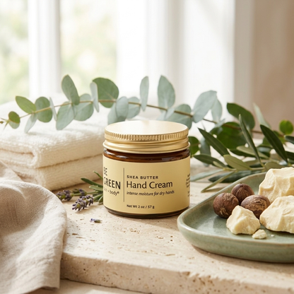 A jar of Be Green by Body Shea Butter Hand Cream sits on a stone surface with folded cream towels, eucalyptus leaves, and a plate of natural ingredients in a bright, softly lit setting.