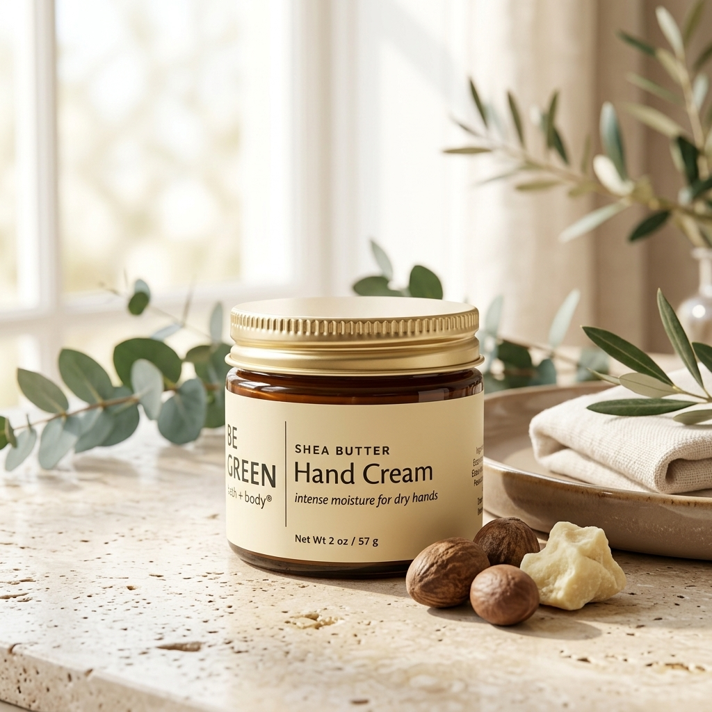 A jar of 'Be Green by & Body' Shea Butter Hand Cream sits on a stone countertop next to whole nuts and a piece of cocoa butter, with eucalyptus branches and a folded cloth in the background.
