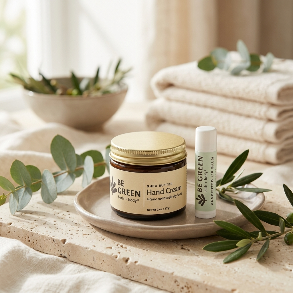 A jar of BE GREEN Shea Butter Hand Cream and a matching lip balm tube sit on a small ceramic dish, styled with eucalyptus leaves and folded cream towels in a soft, natural setting.