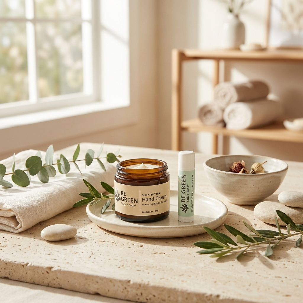 A jar of Be Green Suna Butter Hand Cream and a matching lip balm are displayed on a ceramic plate on a stone countertop, styled with eucalyptus leaves, a folded towel, and a bowl in a warm, sunlit bathroom setting.