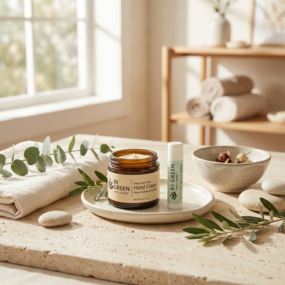 A jar of Be Green Suna Butter Hand Cream and a matching lip balm are displayed on a ceramic plate on a stone countertop, styled with eucalyptus leaves, a folded towel, and a bowl in a warm, sunlit bathroom setting.