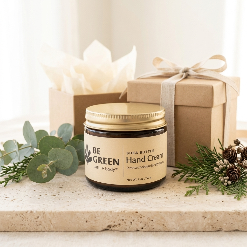 A jar of BE GREEN Shea Butter Hand Cream sits on a light stone surface, styled with eucalyptus leaves, pine sprigs, and gift boxes in the background.