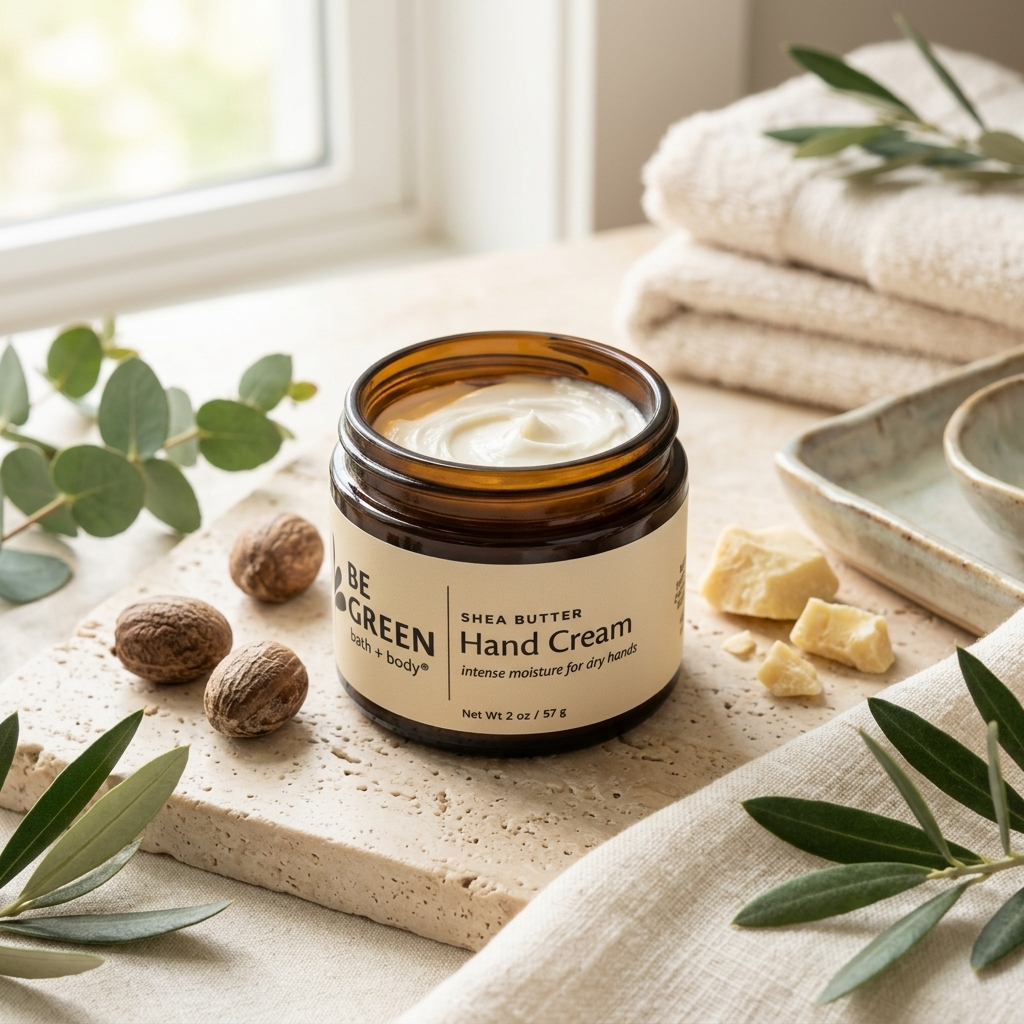 An open amber glass jar of Be Green Shea Butter Hand Cream sits on a stone slab with eucalyptus leaves, shea nuts, and folded cream towels in a bright, natural setting.